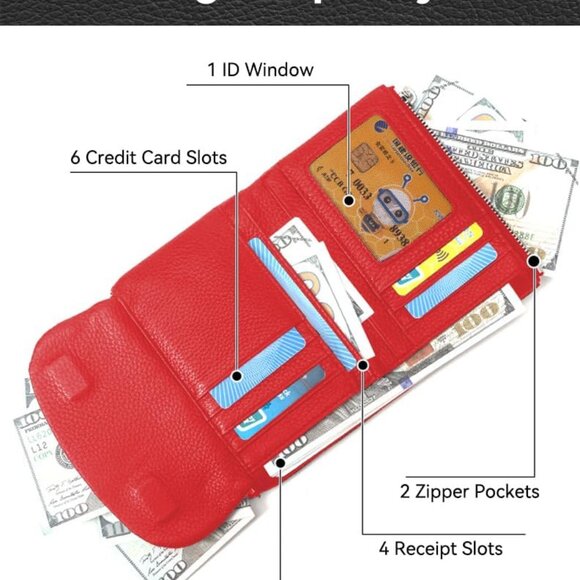 Women's Leather Wallet Large Capacity Bifold Card Holder Zipper Coins Red - Picture 3 of 7